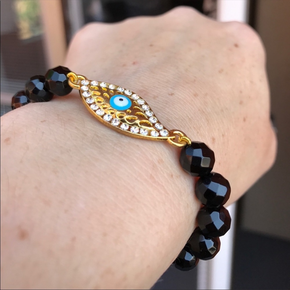 Evil Eye black agate beaded stretch bracelet - Picture 12 of 14